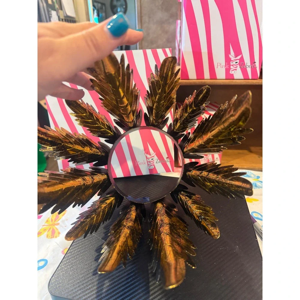 Pink Zebra Gold Black Metal Feather Wing Crown Candle Holder Accent Shade